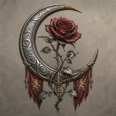 a rose entwined with a crescent moon, clean balanced composition on a plain background, no text