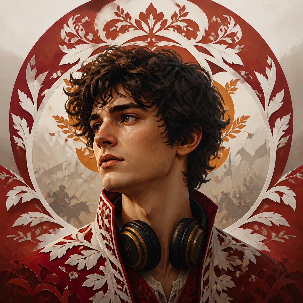 head-and-shoulders portrait of an original character: a young man with curly dark hair and headphones around his neck, plain backdrop, no text