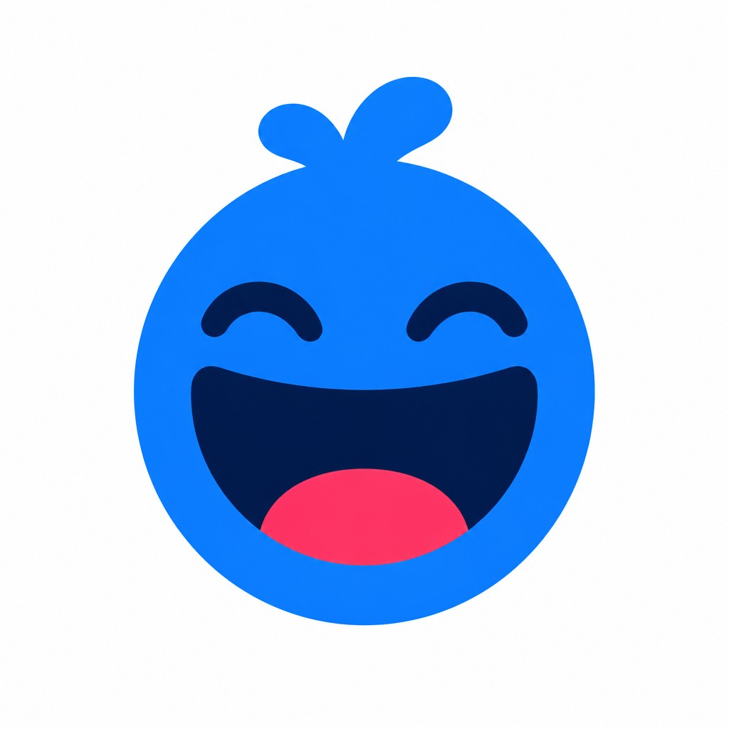 an exaggerated laughing face of an original round mascot character, bold and readable at small size, plain background, no text