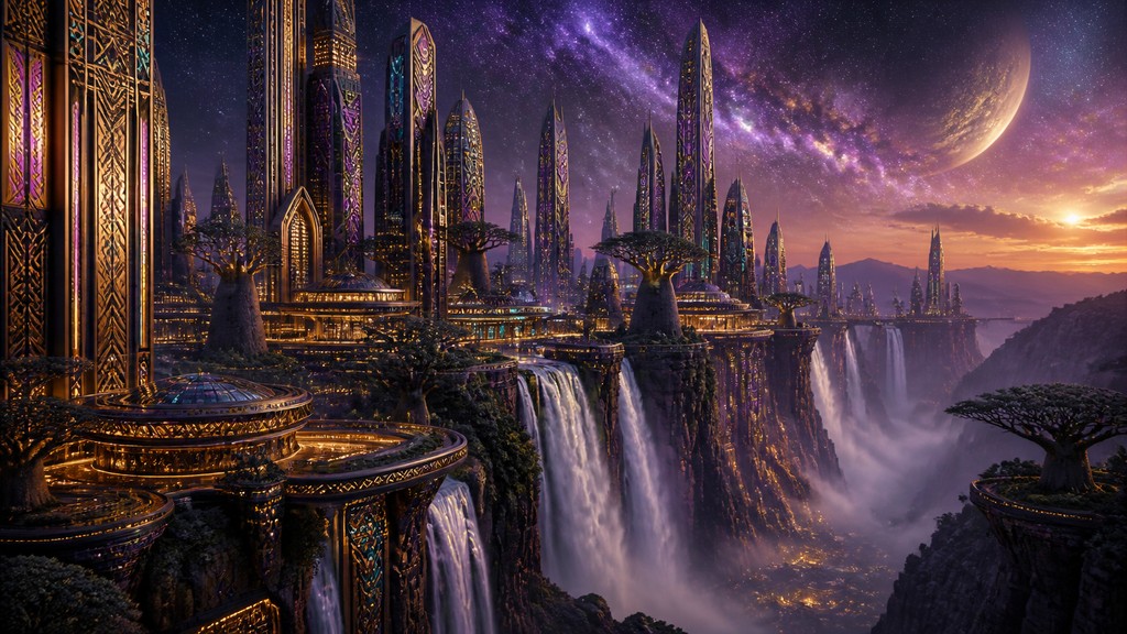 a cliffside city with waterfalls cascading into a misty canyon, wide establishing shot, no people, no text