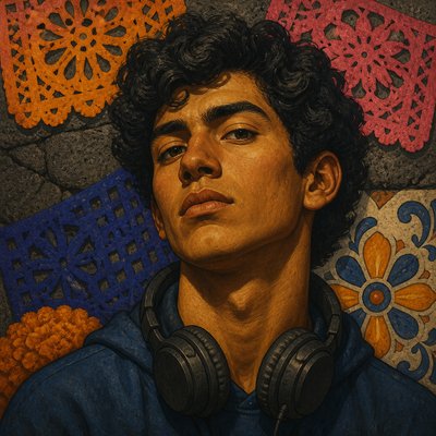 head-and-shoulders portrait of an original character: a young man with curly dark hair and headphones around his neck, plain backdrop, no text