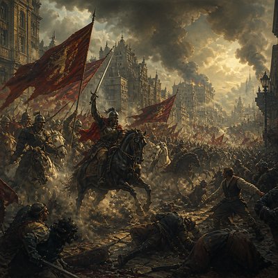 urban street with city activity — Battle Scene Painting Style