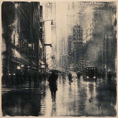 urban street with city activity — Monotype Print Style