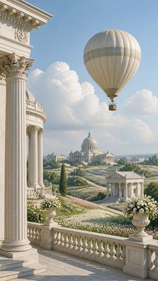 a hot air balloon drifting over rolling flower fields on a sunny day, cheerful, no text