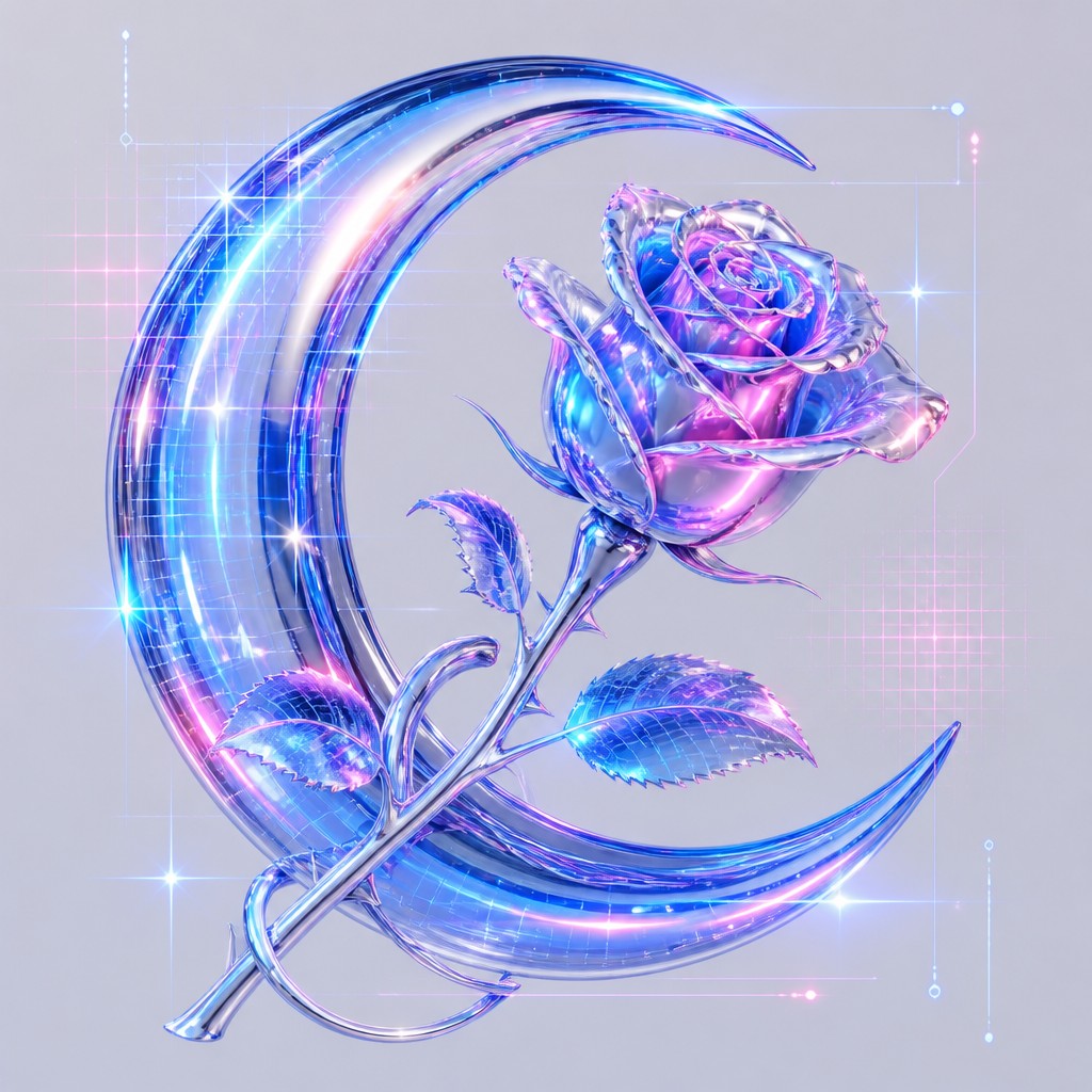 a rose entwined with a crescent moon, clean balanced composition on a plain background, no text