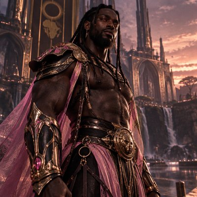 Je veux que tu me fasses un guerrier, tres modern avec une armure moderne genre full rose noir argenté sombre et voileen soie transparent mais juste un peu si besoin mais il a une armure en or plutot mastock genre le voile c’est juste histoire de rajouter du tissu sans manche ni haut in voit ses muscle et il a une barbe et des cheveux locks il est hot et poilu pour le realisme il est brun et a des yeux rose orangé brillant brillant, on dirait presque un dieu de l’ afrique ancien avec l’ethnie noir, pas de tigre 