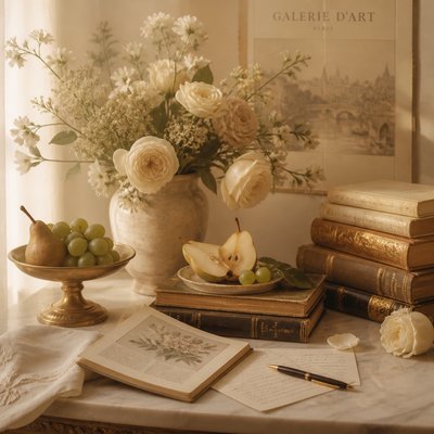 still life arrangement of fruits and flowers