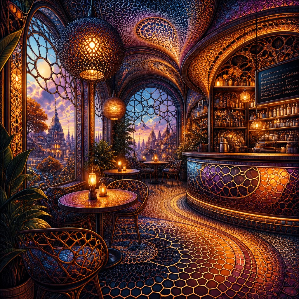 cozy cafe interior with warm lighting