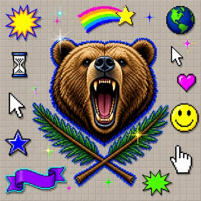 a roaring bear head above crossed pine branches, bold graphic composition on a plain background, no text