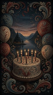 a birthday cake with lit candles surrounded by balloons and confetti, festive vertical composition, no text