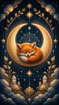 a sleeping baby fox curled on a crescent moon among soft stars, gentle and warm, no text