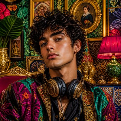 head-and-shoulders portrait of an original character: a young man with curly dark hair and headphones around his neck, plain backdrop, no text