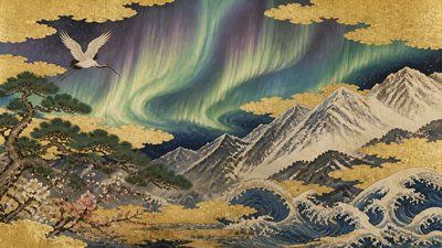a flowing aurora over snowy peaks, wide sweeping composition, no people, no text