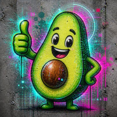a happy avocado character giving a thumbs up, bold readable design on a plain background, no text