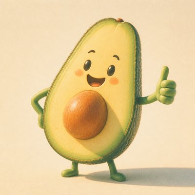 a happy avocado character giving a thumbs up, bold readable design on a plain background, no text