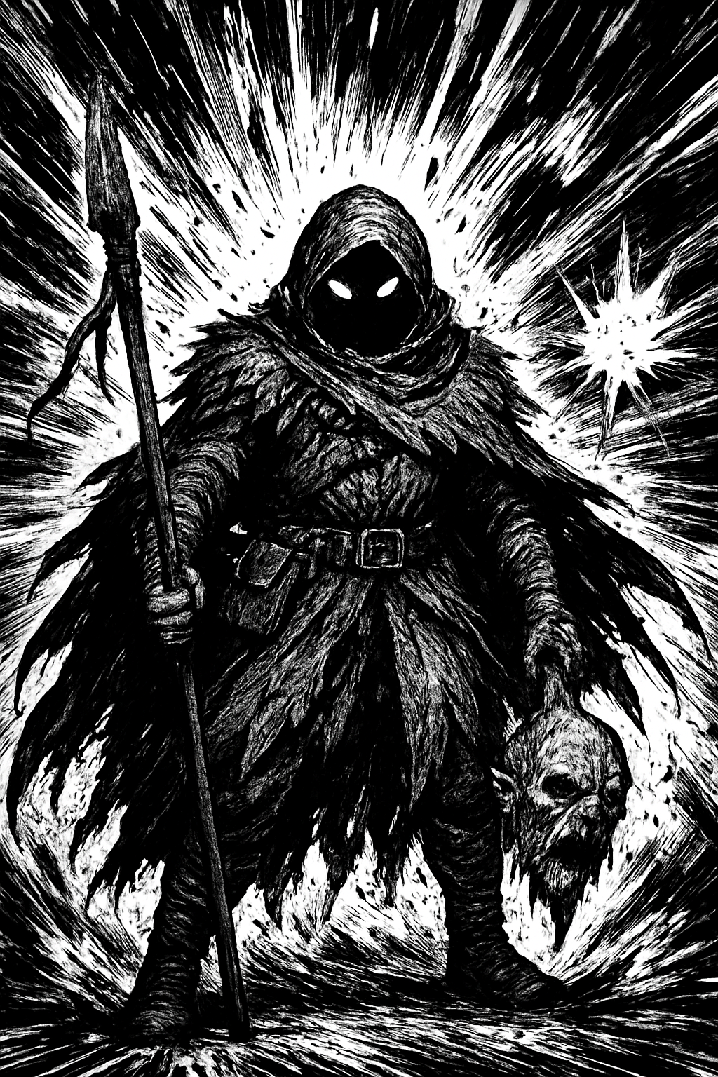 a black and white drawing of a man with a spear