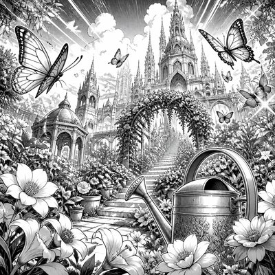 a garden scene with butterflies, flowers and a watering can, clean uncolored line art, no text
