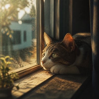 a cat lounging in a sunlit window