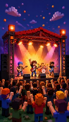 a live music scene with a glowing stage and silhouetted crowd, energetic vertical composition with open space at the top, no text
