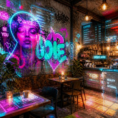cozy cafe interior with warm lighting
