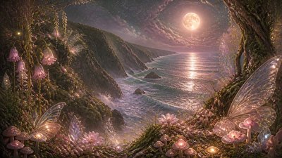 a moonlit coastline with cliffs and crashing surf, no people