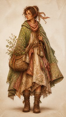 full-body original character: a wandering botanist with a satchel of plants, a patched green cloak, tall boots and round glasses, neutral background
