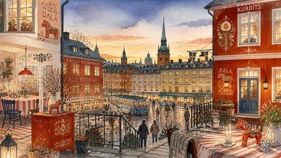 bustling city street panorama at dusk