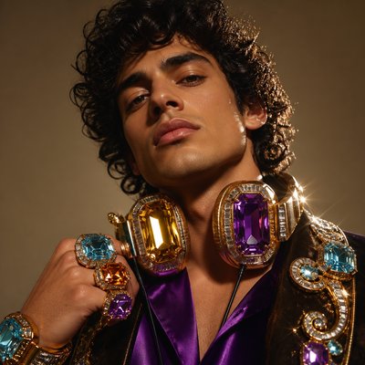 head-and-shoulders portrait of an original character: a young man with curly dark hair and headphones around his neck, plain backdrop, no text