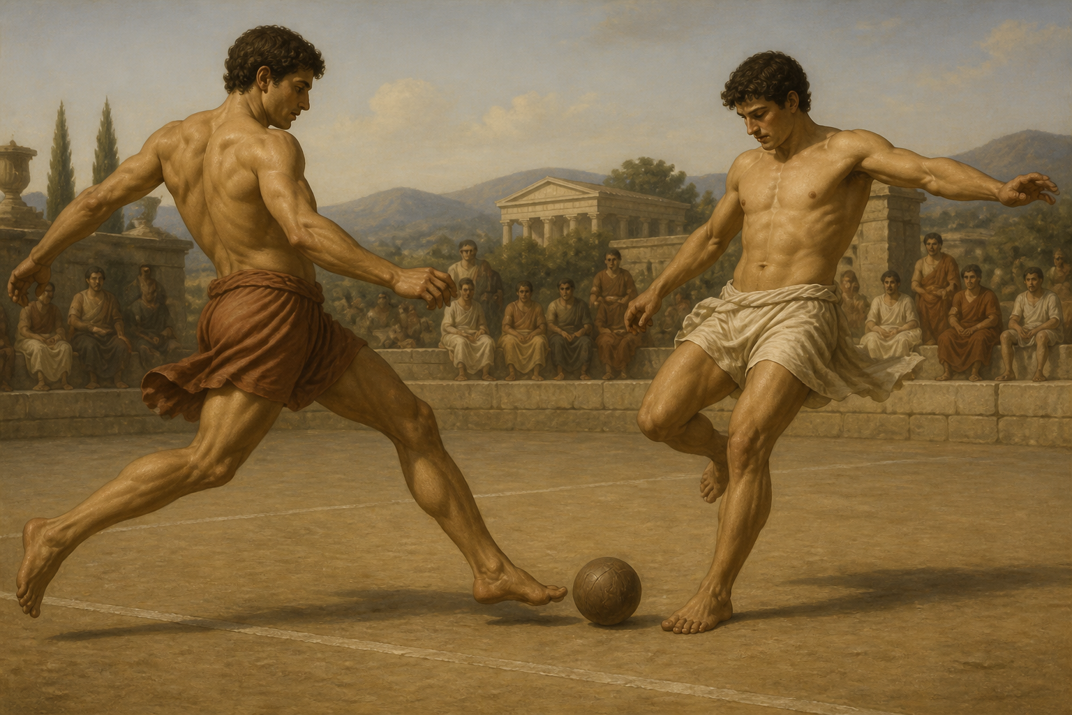 two ancient greek athletes kicking a ball