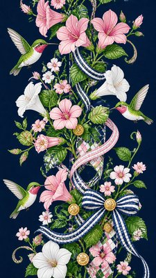 a climbing vine of flowers and hummingbirds on a dark background, tall wrapping composition, no text