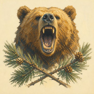 a roaring bear head above crossed pine branches, bold graphic composition on a plain background, no text