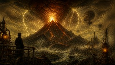 an erupting volcano with lightning strikes, dramatic wide composition, no text