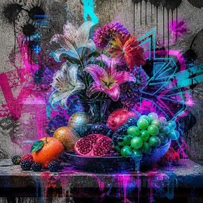 still life arrangement of fruits and flowers
