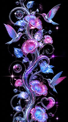 a climbing vine of flowers and hummingbirds on a dark background, tall wrapping composition, no text