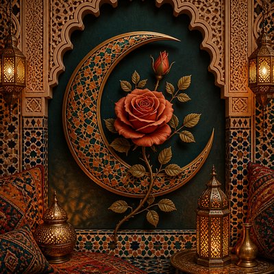 a rose entwined with a crescent moon, clean balanced composition on a plain background, no text
