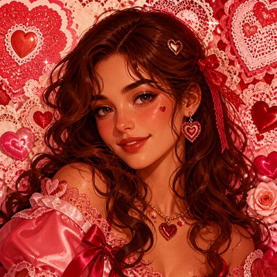 head-and-shoulders portrait of an original character: a young woman with wavy chestnut hair and a warm smile, plain soft backdrop