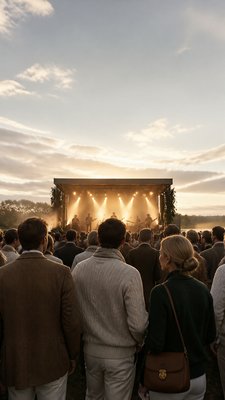 a live music scene with a glowing stage and silhouetted crowd, energetic vertical composition with open space at the top, no text