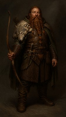 full-body original character: a dwarven ranger with a braided auburn beard, worn leather armor, a longbow and a wolf-pelt cloak, neutral background, no text