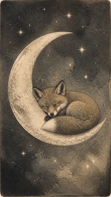a sleeping baby fox curled on a crescent moon among soft stars, gentle and warm, no text