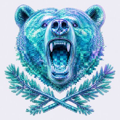 a roaring bear head above crossed pine branches, bold graphic composition on a plain background, no text