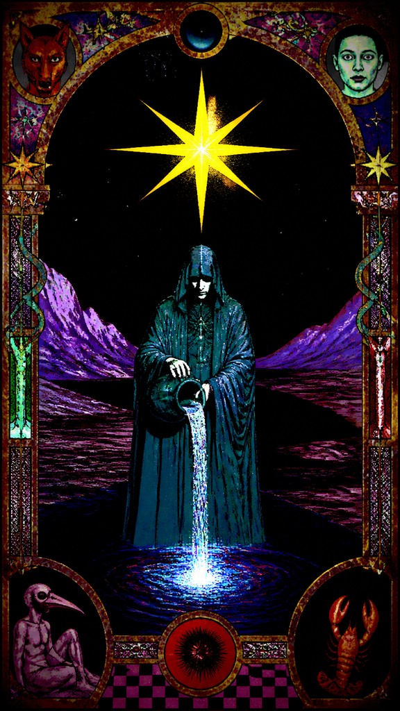 a robed figure pouring water beneath a large eight-pointed star in a night sky, symmetrical composition with an ornate decorative border, no text