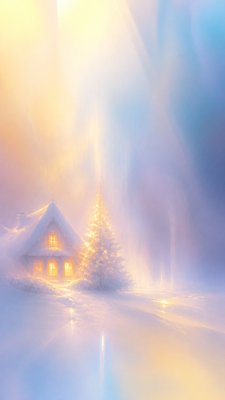 a snow-covered cottage with warm glowing windows beside a decorated pine tree, gentle snowfall, no text