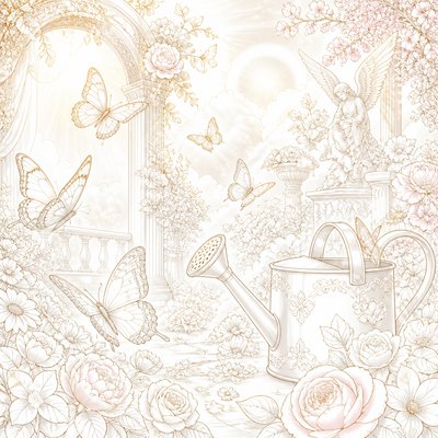 a garden scene with butterflies, flowers and a watering can, clean uncolored line art, no text