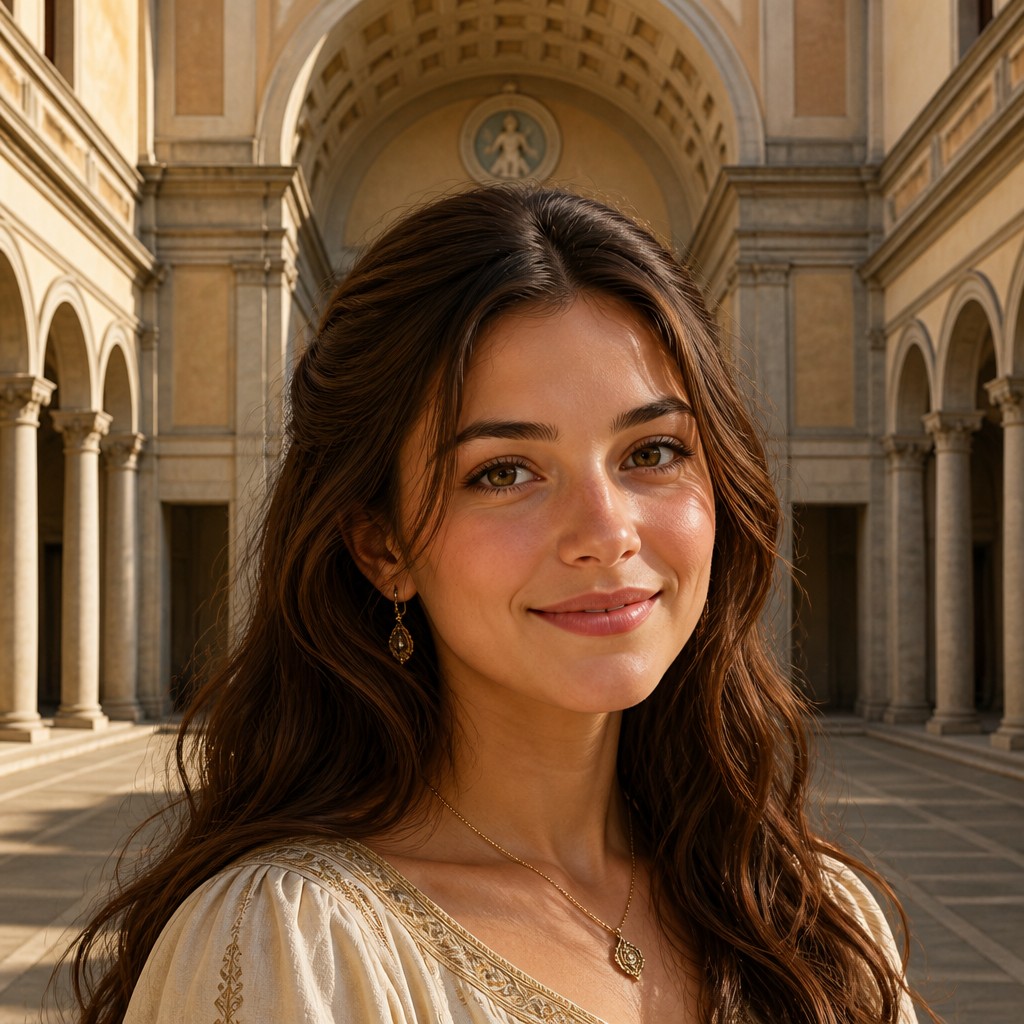 head-and-shoulders portrait of an original character: a young woman with wavy chestnut hair and a warm smile, plain soft backdrop