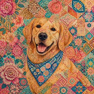 portrait of a golden retriever wearing a blue bandana, warm plain backdrop, no text