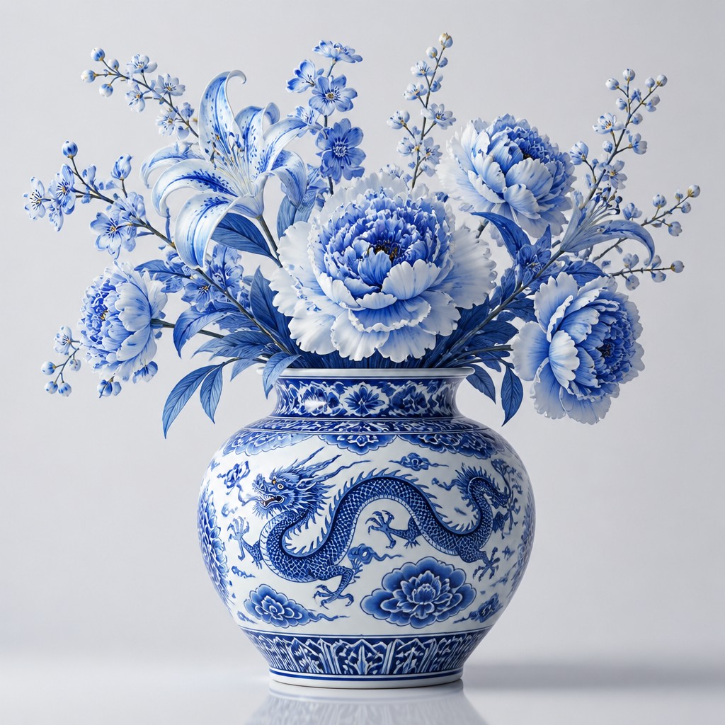 bouquet of flowers in a glass vase — Ming Porcelain Art Style