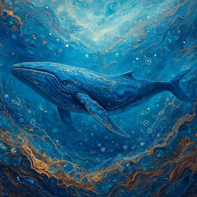 A hyper-realistic blue whale, majestic and mysterious, gliding gracefully through a surreal ocean scene. Its massive, sleek body glows with deep blues and silvers, illuminated by soft sunlight streaming through the ocean's surface. Surrounding it are glistening, delicate bubbles, sparkling like jewels in the light. The water shimmers with ethereal clarity, blending realism with a dreamlike atmosphere, capturing the whale's awe-inspiring beauty and enigma. 