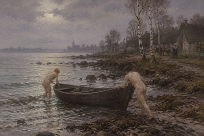 at the sea coast two ignudi swimmers pull their boat ashore 