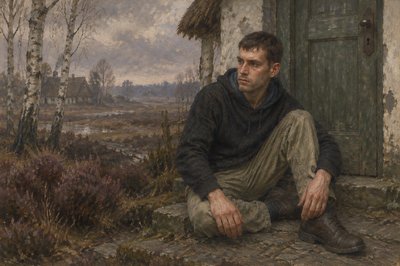 a painting of a man sitting on the ground
