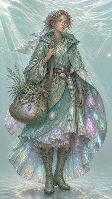 full-body original character: a wandering botanist with a satchel of plants, a patched green cloak, tall boots and round glasses, neutral background